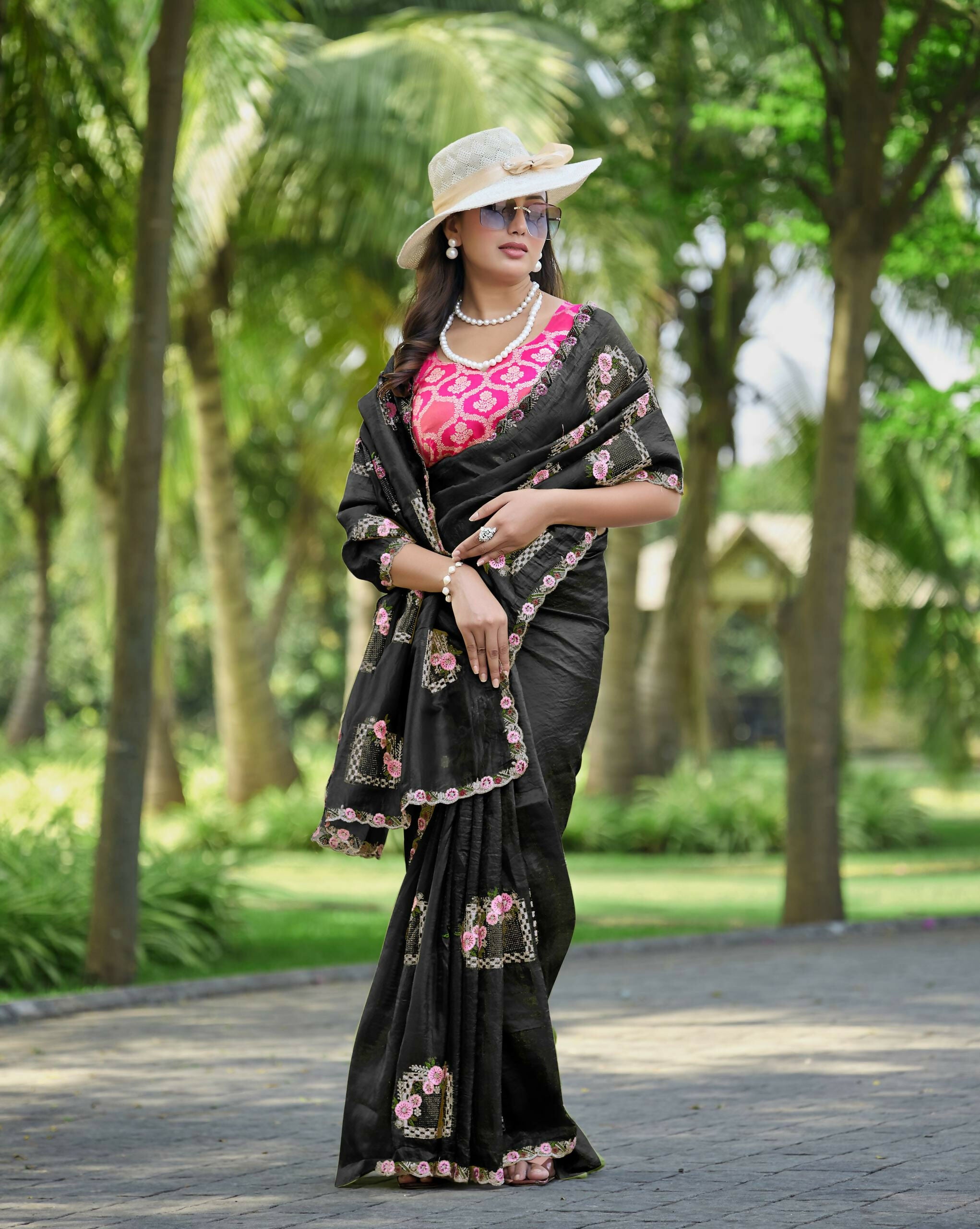 Teeya Creation Black Color Pure Paper Silk Heavy Embroidery Work Wedding Wear Saree - Distacart