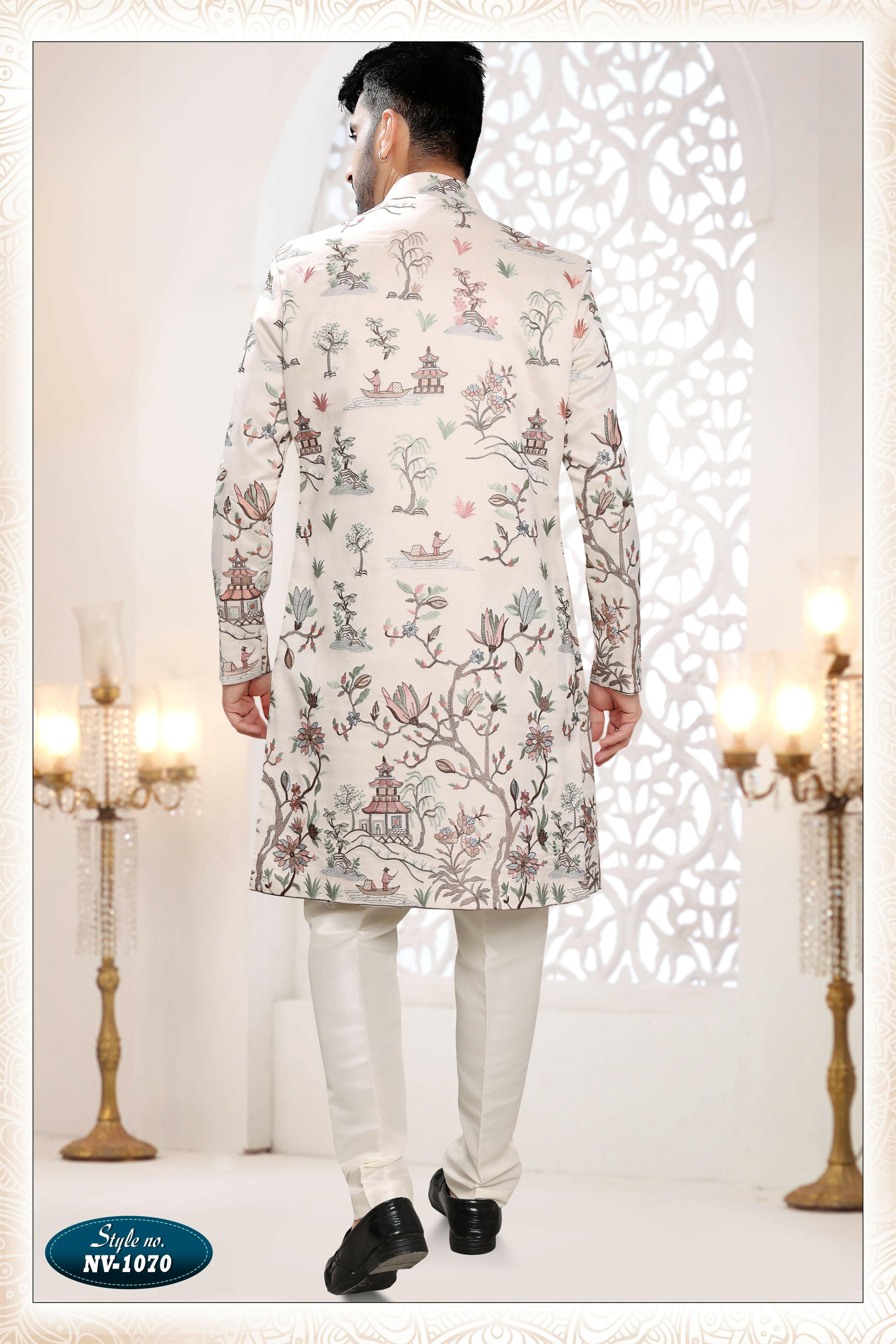 Joban Fashion Men's Cream Straight Malai Silk Thread And Sequence Embroidery All Over 3 Pc Kurta Set - Distacart