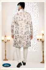 Thumbnail for Joban Fashion Men's Cream Straight Malai Silk Thread And Sequence Embroidery All Over 3 Pc Kurta Set - Distacart
