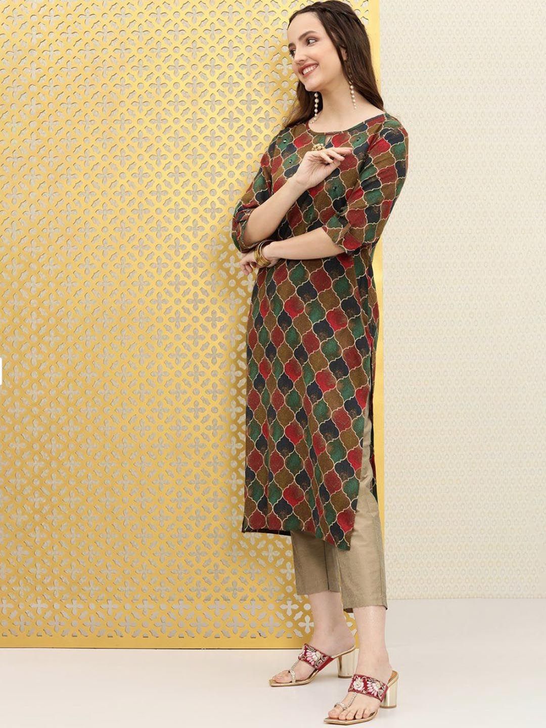 Ode by House of Pataudi Ethnic Motifs Printed Boat Neck Mirror Work Detailed Kurta - Distacart