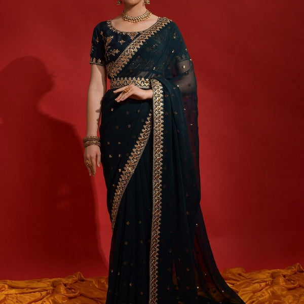 Anouk Teal & Gold-Toned Embellished Embroidered Pure Georgette Saree - Distacart