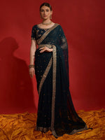 Thumbnail for Anouk Teal & Gold-Toned Embellished Embroidered Pure Georgette Saree - Distacart