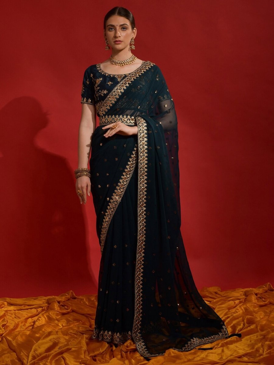 Anouk Teal & Gold-Toned Embellished Embroidered Pure Georgette Saree - Distacart