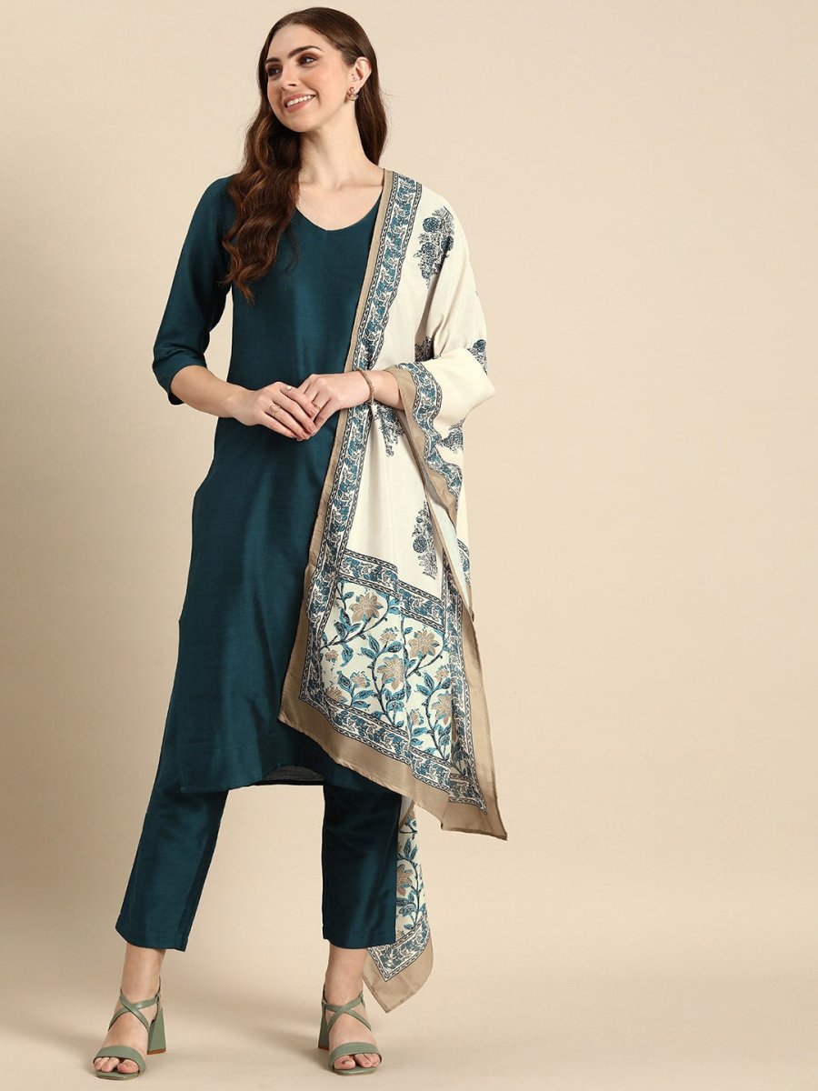 Anouk Women Blue & Yellow Pure Cotton Floral Print Kurta with Palazzos & Dupatta - Distacart