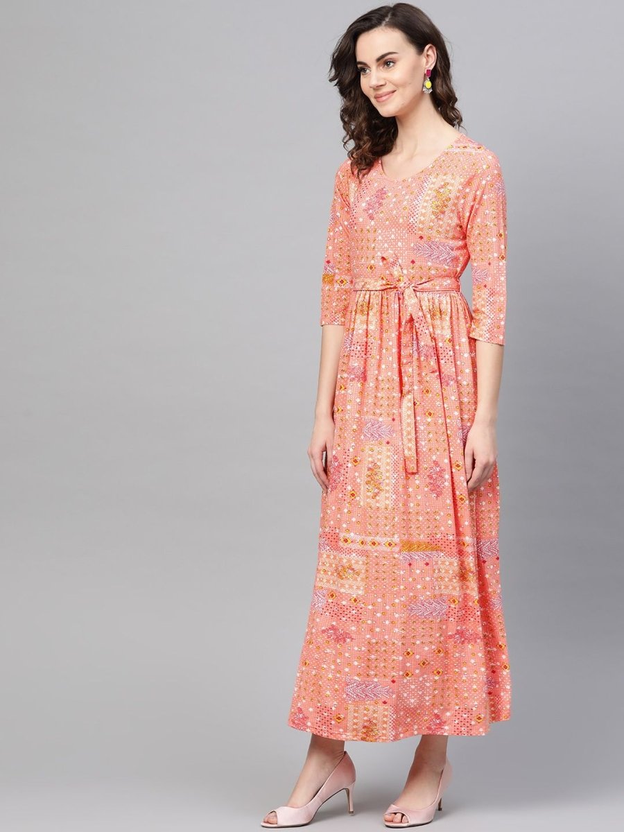 AURELIA Women Peach-Coloured & Red Printed Maxi Dress