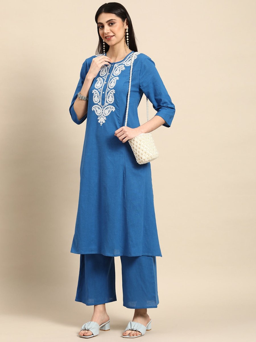 Anouk Women Chikankari Pure Cotton A-Line Kurta with Palazzos - Distacart