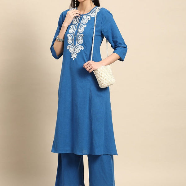 Anouk Women Chikankari Pure Cotton A-Line Kurta with Palazzos - Distacart