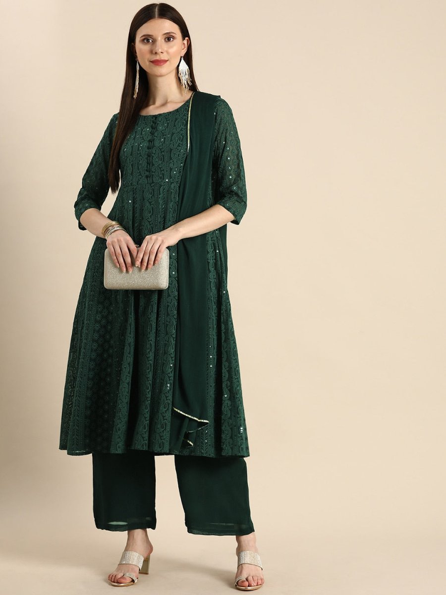 Anouk Women Green Ethnic Motifs Embroidered Thread Work Kurta with Palazzos & With Dupatta - Distacart