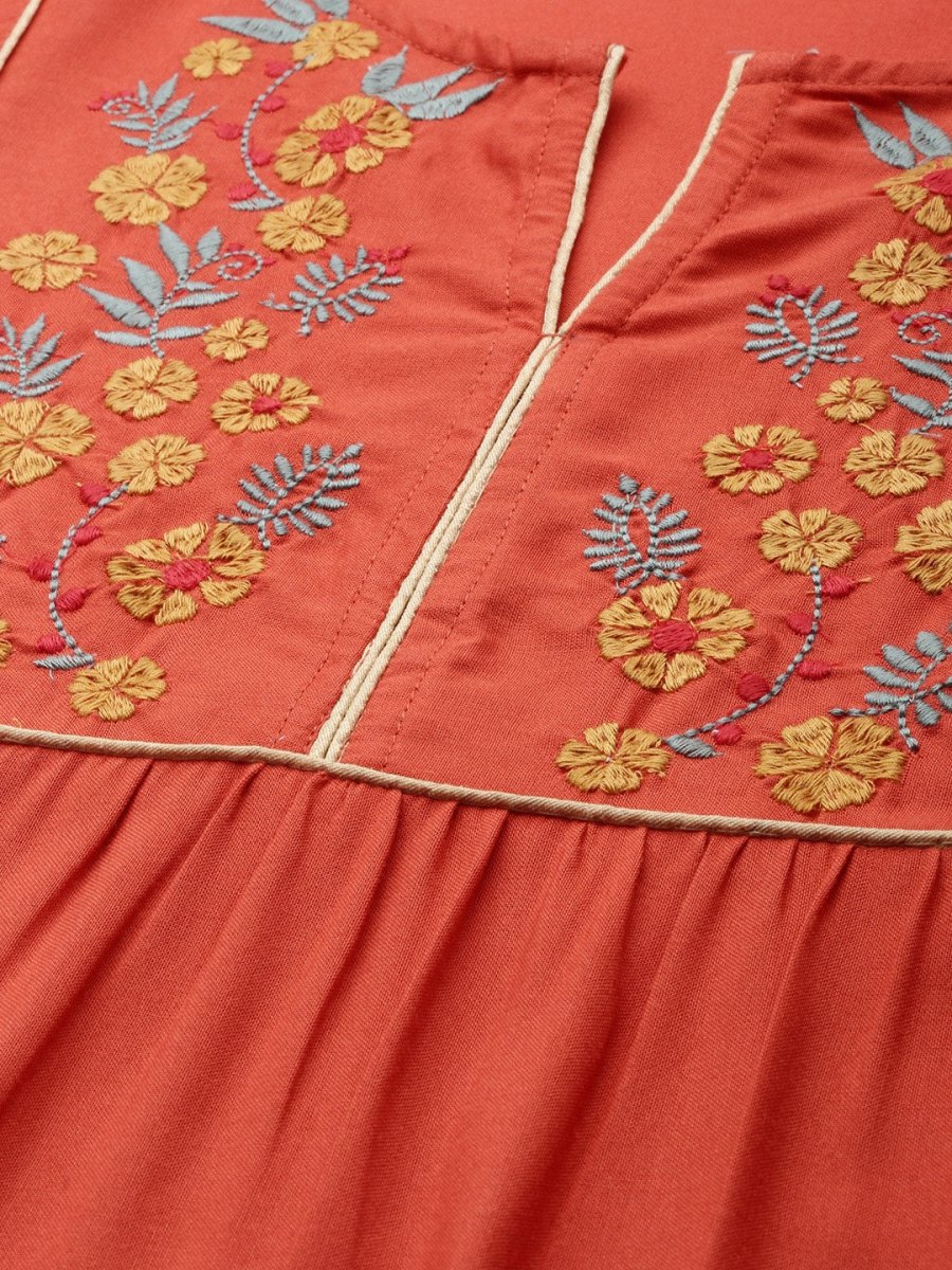 All About You Women Rust Orange Floral Yoke Design Embroidered Thread Work Straight Kurta - Distacart