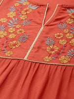 Thumbnail for All About You Women Rust Orange Floral Yoke Design Embroidered Thread Work Straight Kurta - Distacart
