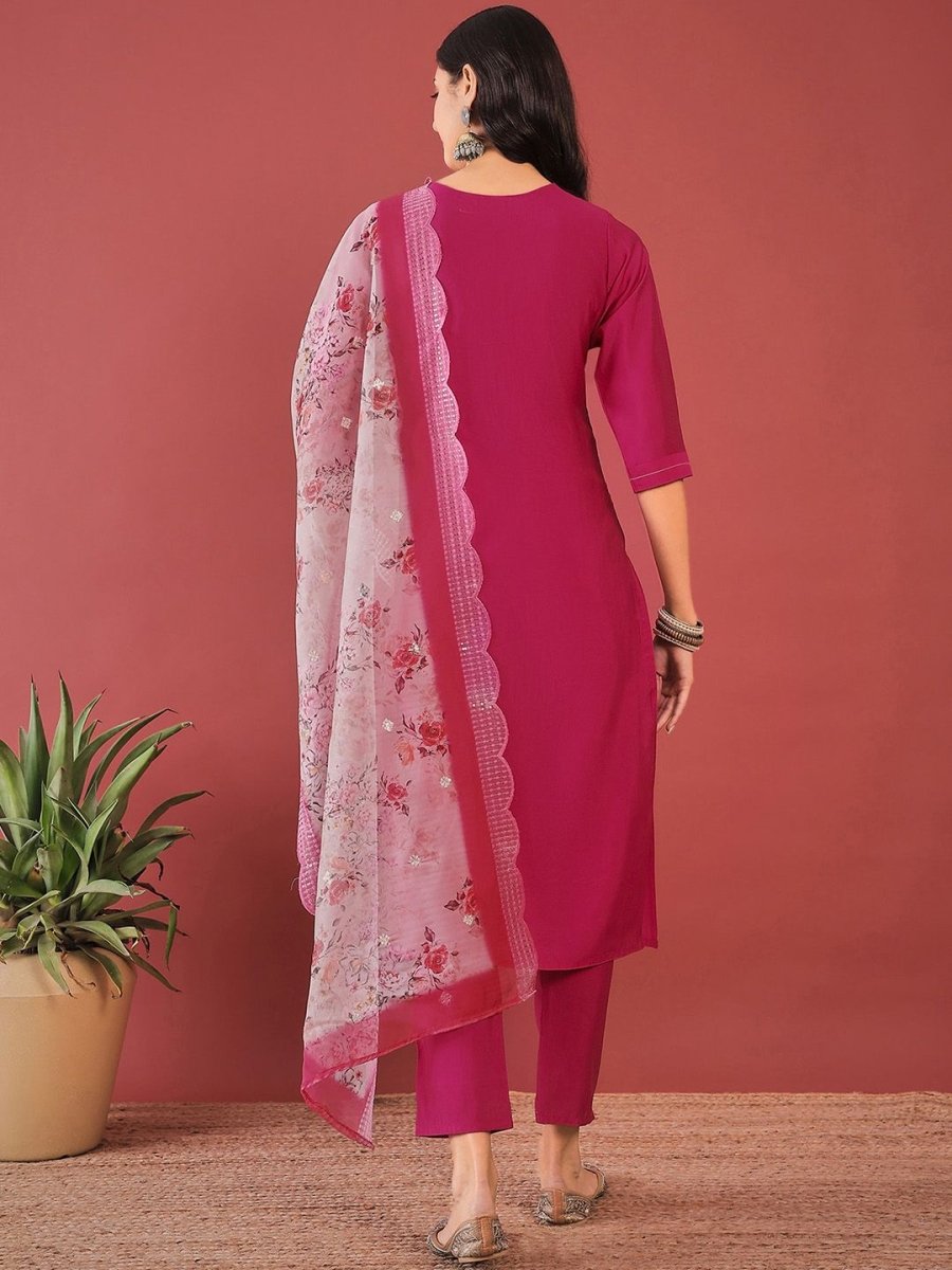 Anouk Pink Ethnic Motifs Yoke Design Thread Work Straight Kurta With Trousers & Dupatta