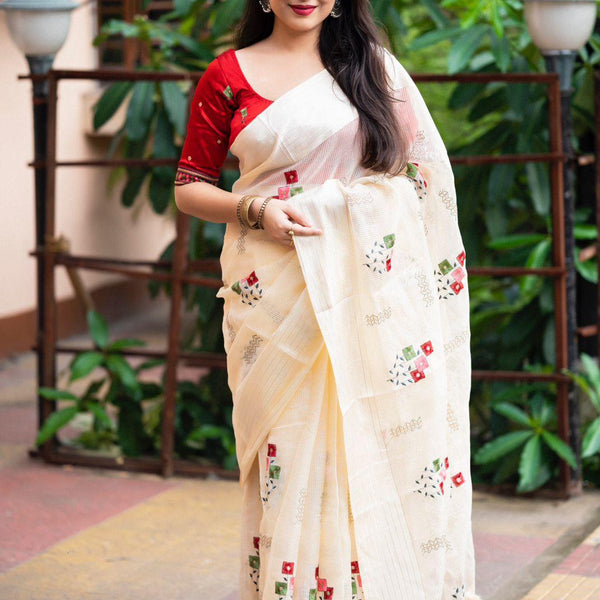 Cream Silk Blend Ethnic Motifs Saree with Unstitched Blouse - A2M - Distacart