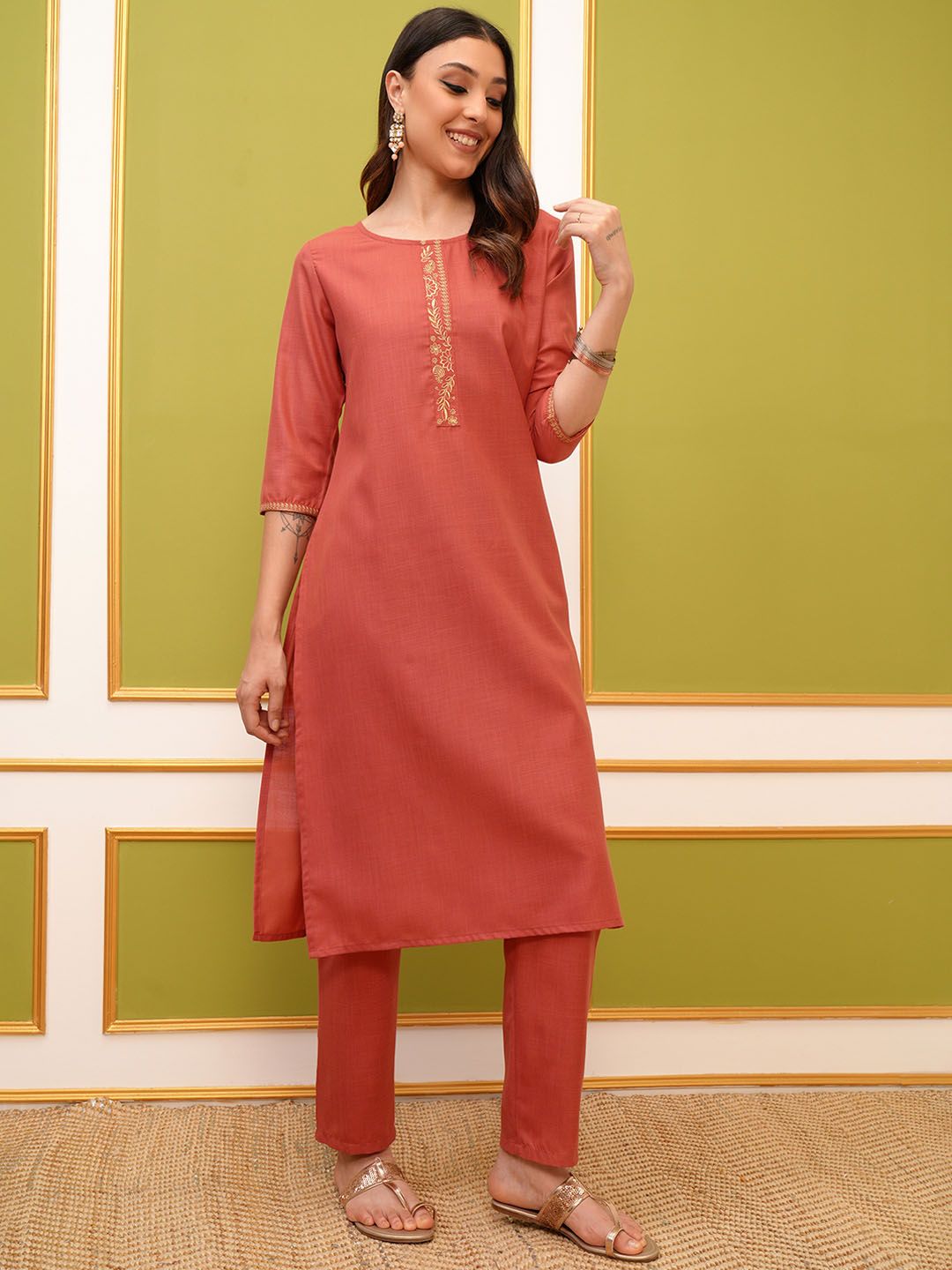 Vishudh Coral Round Neck Embroidery Straight Kurta & Palazzos With Dupatta