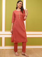 Thumbnail for Vishudh Coral Round Neck Embroidery Straight Kurta & Palazzos With Dupatta