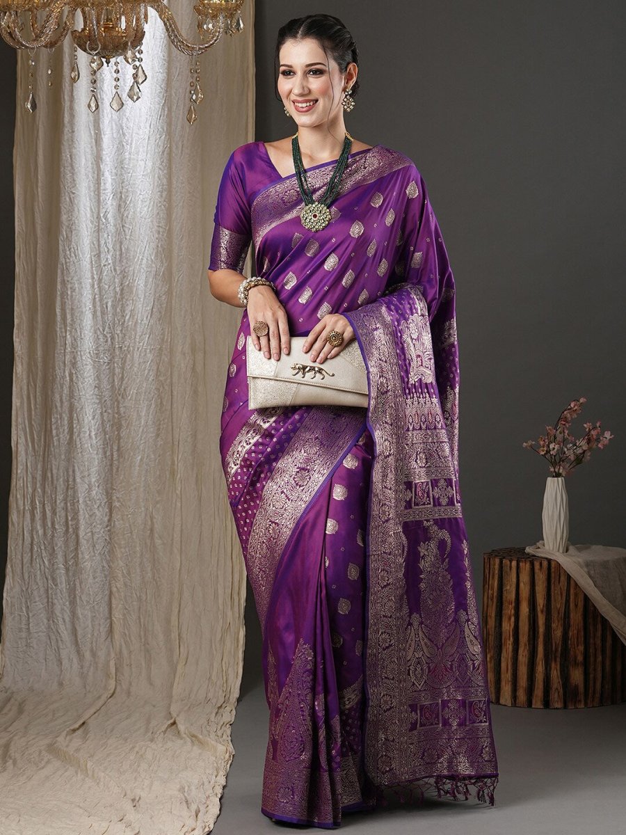 Anouk Purple & Gold-Toned Ethnic Motifs Woven Design Zari Banarasi Saree - Distacart