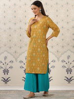 Thumbnail for Ode by House of Pataudi Mustard Yellow & Teal Printed Pure Cotton Kurta with Palazzos - Distacart