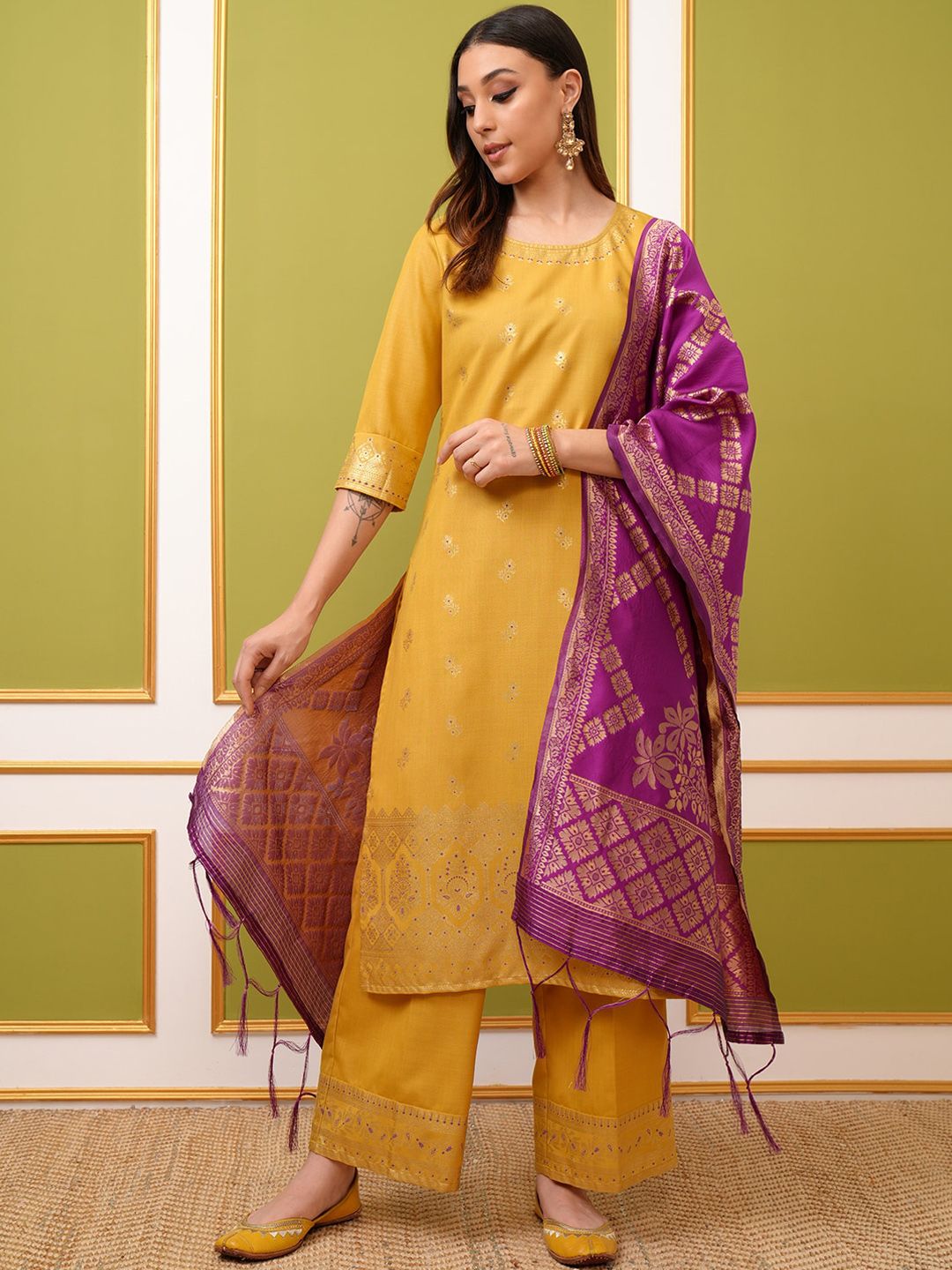 Vishudh Yellow Ethnic Motifs Printed Regular Kurta With Palazzos & Dupatta - Distacart