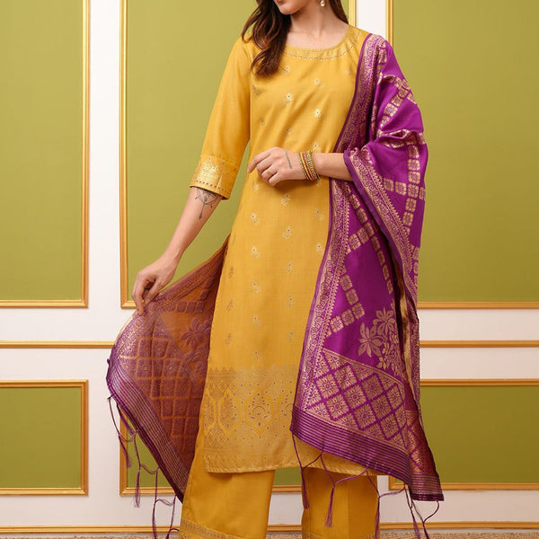 Vishudh Yellow Ethnic Motifs Printed Regular Kurta With Palazzos & Dupatta - Distacart