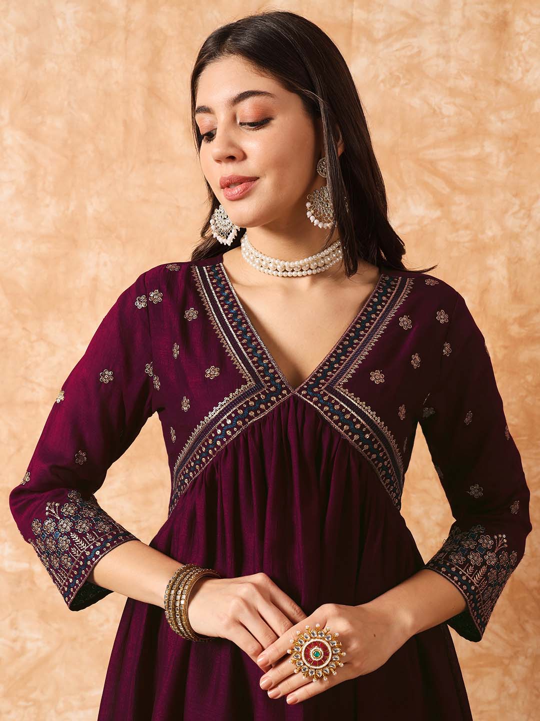 Buy Kalini Floral Embroidered A-Line Kurta With Trousers & Dupatta ...