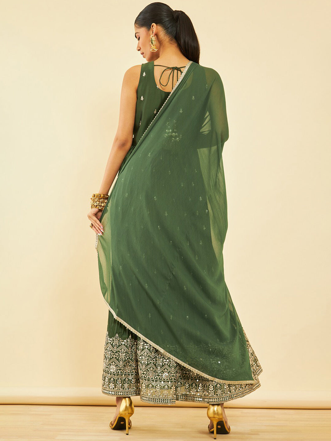 Soch Ethnic Motifs Embroidered Pleated Front Slit Sequinned Kurta with Palazzos & Dupatta - Distacart