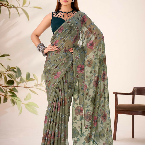 Vastranavya Mehendi Lurex Brasso Floral Printed Saree with Unstitched Blouse - Distacart