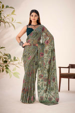 Thumbnail for Vastranavya Mehendi Lurex Brasso Floral Printed Saree with Unstitched Blouse - Distacart