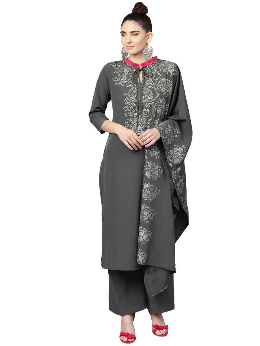Ahalyaa Grey Crepe Printed Kurta Palazzo Set With Dupatta - Distacart