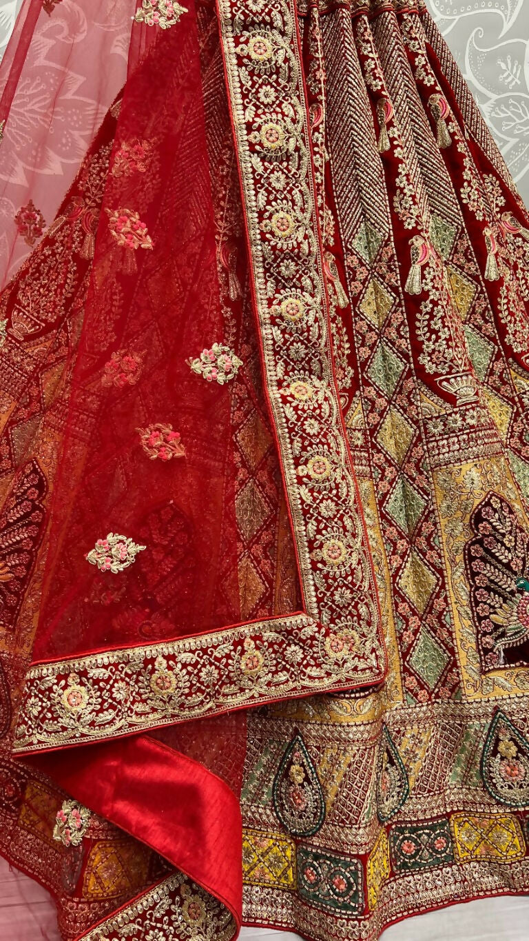 Jyoti Fashion Women's Red Velvet Fancy Dori, Zari with Multi Thread Embroidered Wedding Lehenga Choli - Distacart