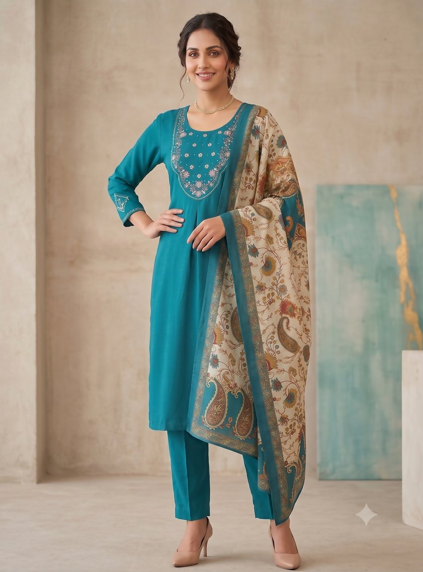 Teeya Creation Women Rama Green Embroidered Kurta Pant Set With Dupatta - Dista