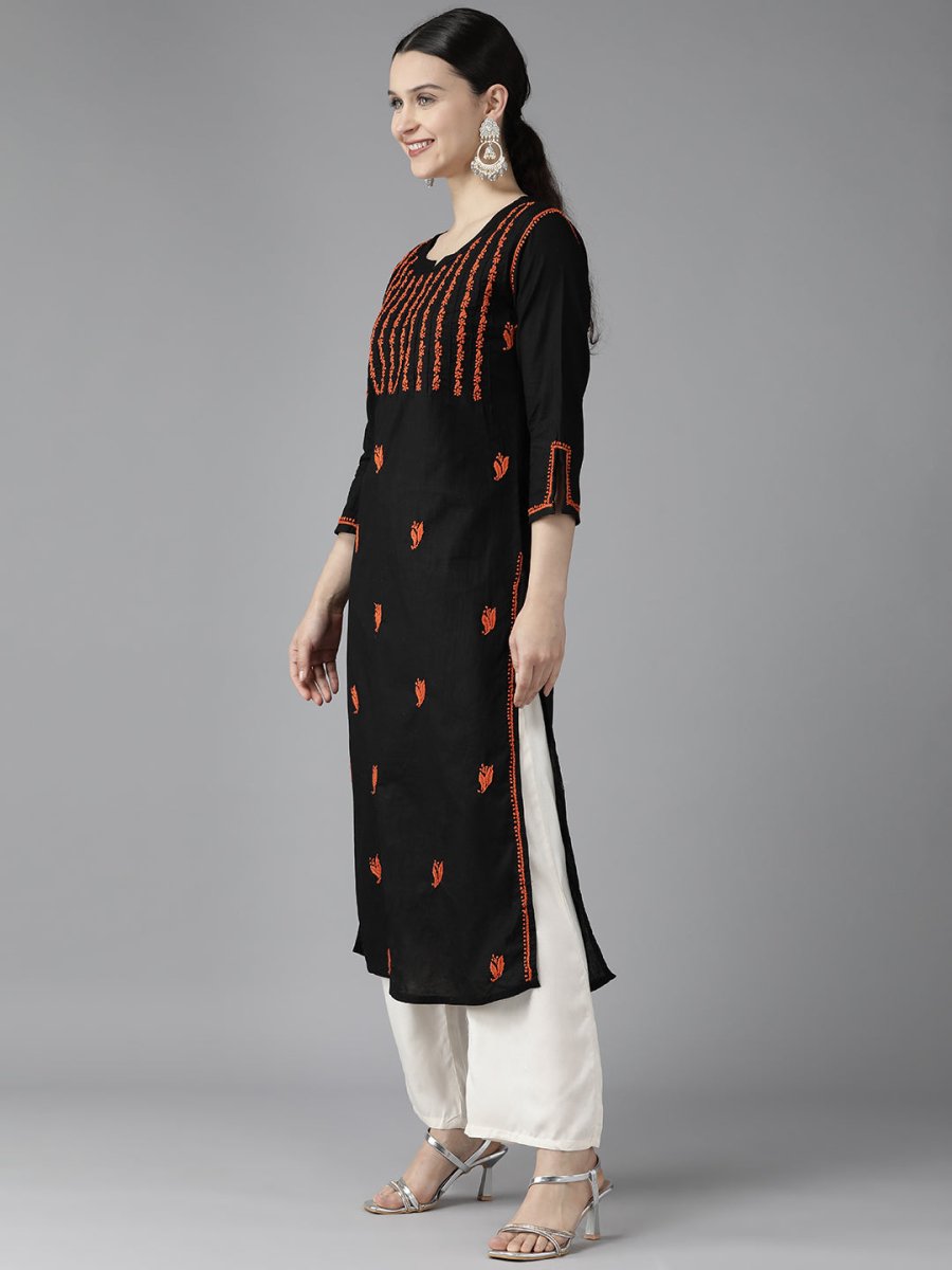 ADA Women Black & Orange Ethnic Motifs Embroidered Chikankari Kurta - Distacart