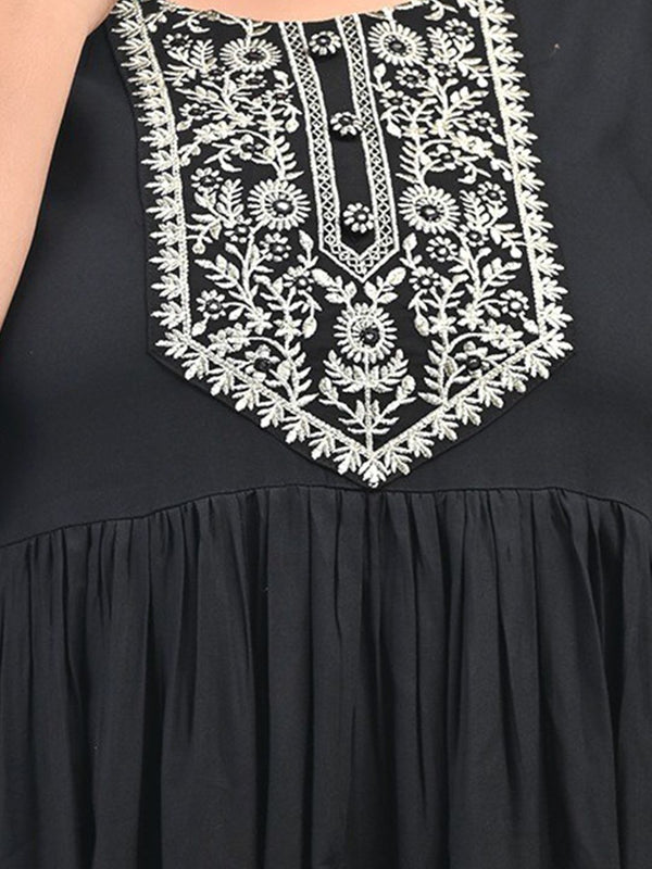 Swasti Plus Size Round Neck Gathered Ethnic Motifs Embroidered Gown Ethnic Dress