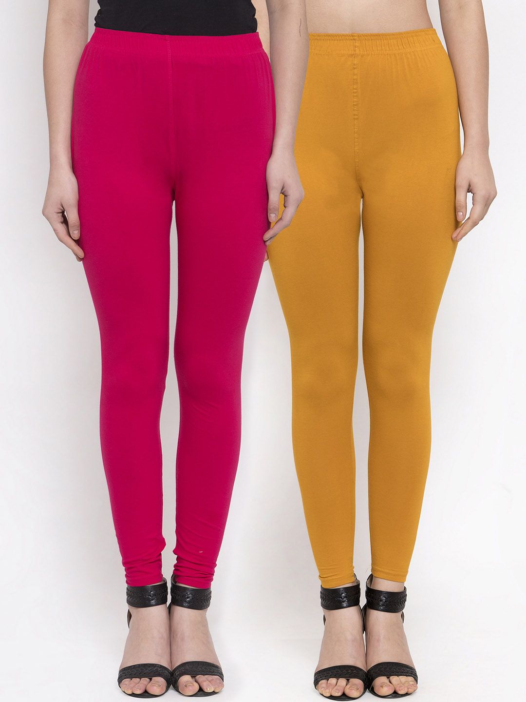 TAG 7 Women Pack Of 2 Mustard Yellow & Pink Solid Ankle-Length Leggings - Distacart