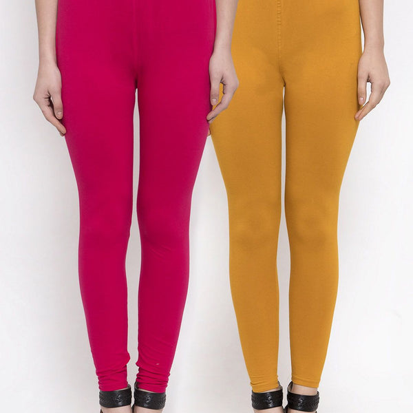 TAG 7 Women Pack Of 2 Mustard Yellow & Pink Solid Ankle-Length Leggings - Distacart