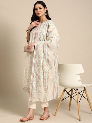 Anouk Women Floral Khari Printed Pure Cotton Kurta With Trousers & Dupatta - Distacart