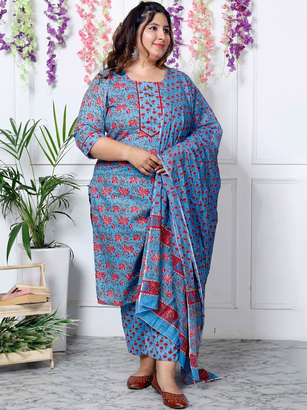 Swasti Plus Size Floral Printed Sequinned Pure Cotton Kurta With Trouser & Dupatta