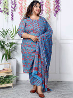Thumbnail for Swasti Plus Size Floral Printed Sequinned Pure Cotton Kurta With Trouser & Dupatta