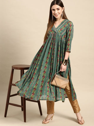 Anouk Women Green & Pink Pure Cotton Floral Printed Gotta Patti Floral Kurta