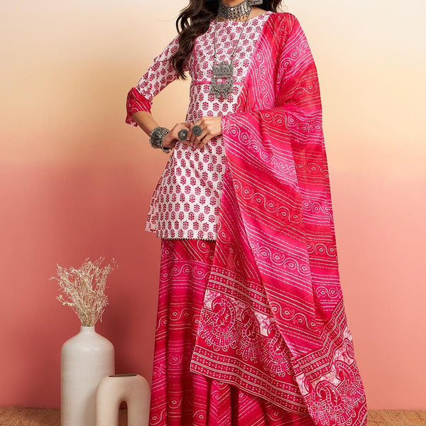 Sangria Floral Printed Pure Cotton Kurti With Sharara & Dupatta - Distacart