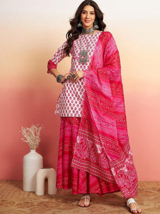 Sangria Floral Printed Pure Cotton Kurti With Sharara & Dupatta - Distacart