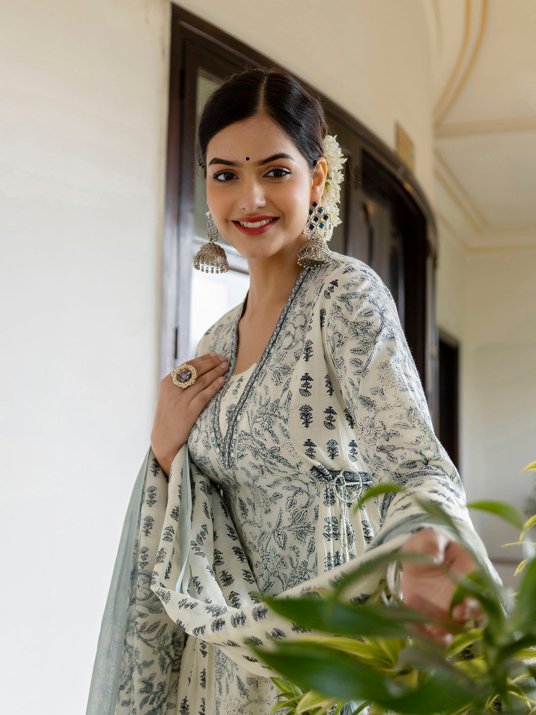 Kalini Floral Yoke Design Empire V-Neck Mirror Work Cotton Kurta with Patiala & Dupatta - Distacart