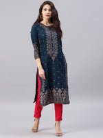 Thumbnail for Vishudh Women Navy Blue Printed A-Line Kurta