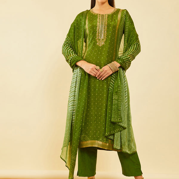 Soch Bandhani Printed Straight Kurta With Trousers & Dupatta - Distacart