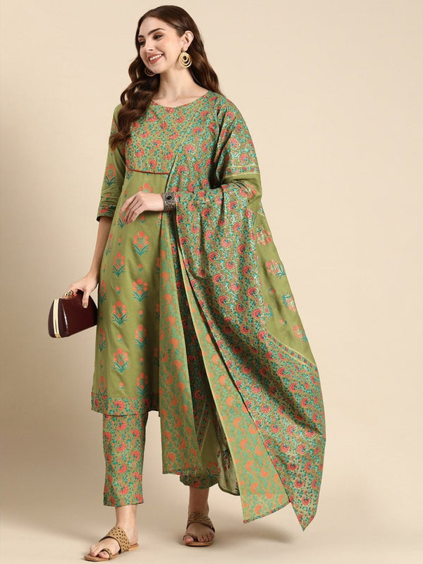 Anouk Pure Cotton Floral Printed Sequinned Kurta with Trousers & Dupatta - Distacart