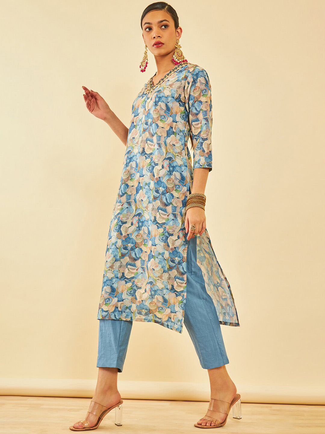 Soch Floral Printed V-Neck Three-Quarter Sleeves Beads and Stones Kurta with Trousers - Distacart