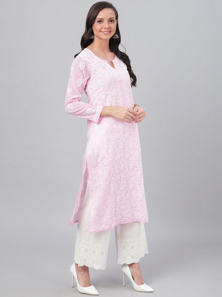 ADA Women Pink & White Chikankari Hand Embroidered Straight Sustainable Handloom Kurta - Distacart
