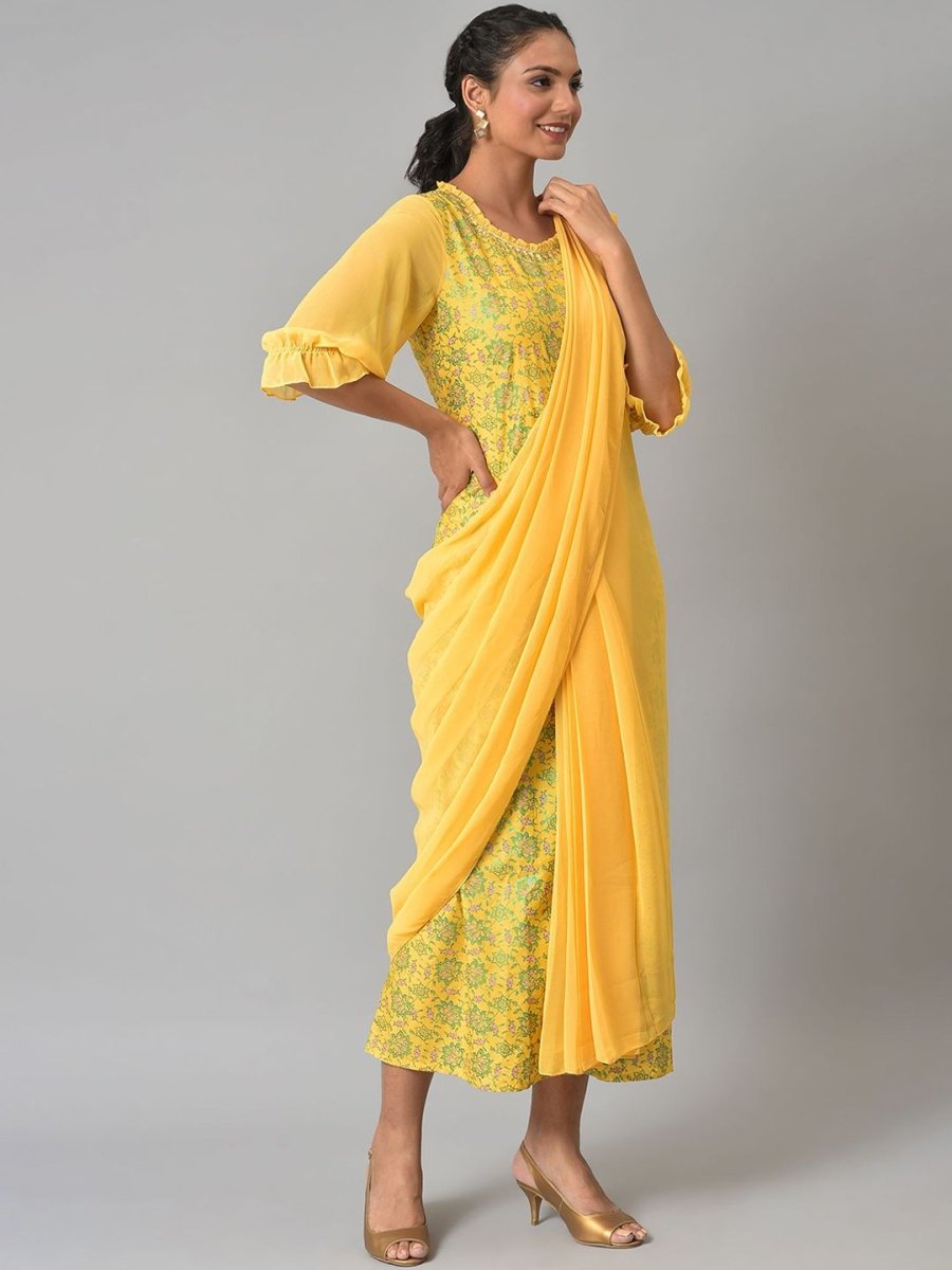 AURELIA Yellow Floral Ethnic Maxi Maxi Dress