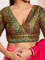 Thumbnail for Joban Fashion Bottle Green Mulberry Silk Padded Blouse With V Neck Elbow Sleeves - Distacart