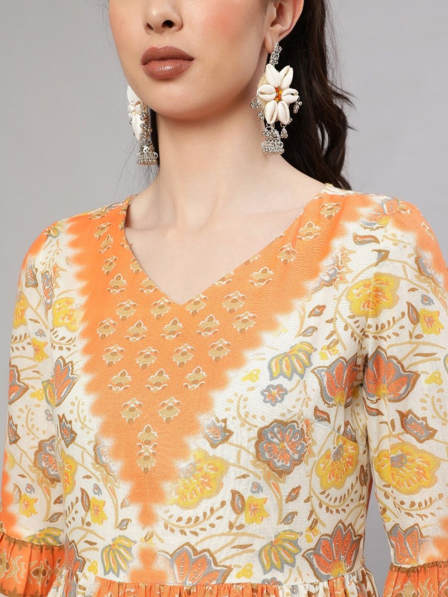Aks Floral Printed V-Neck Bell Sleeves Pleated Cotton Kurta - Distacart