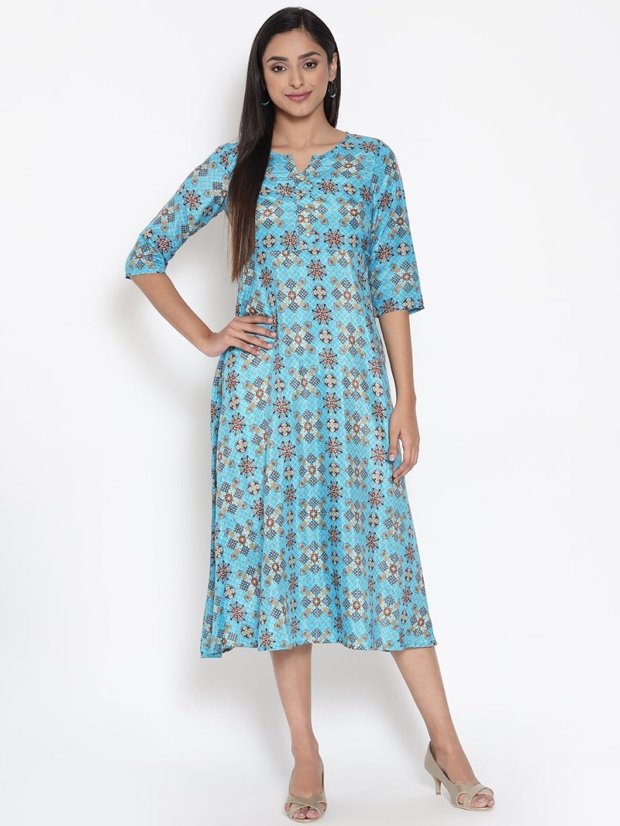 AURELIA Blue Ethnic Motifs Ethnic A-Line Midi Dress - Distacart
