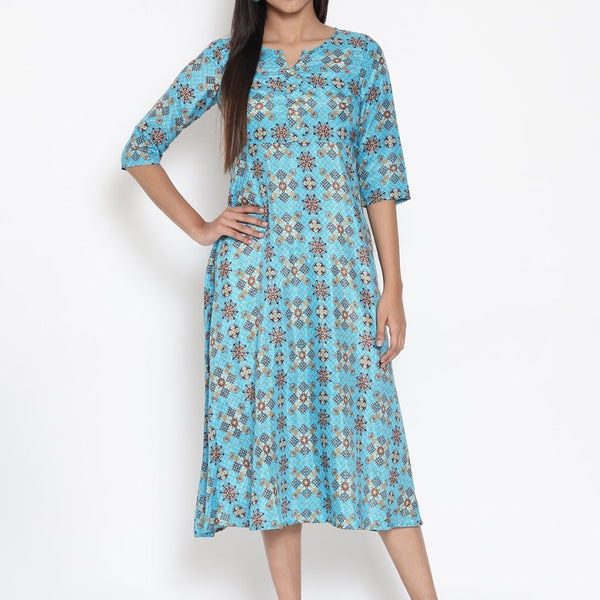 AURELIA Blue Ethnic Motifs Ethnic A-Line Midi Dress - Distacart